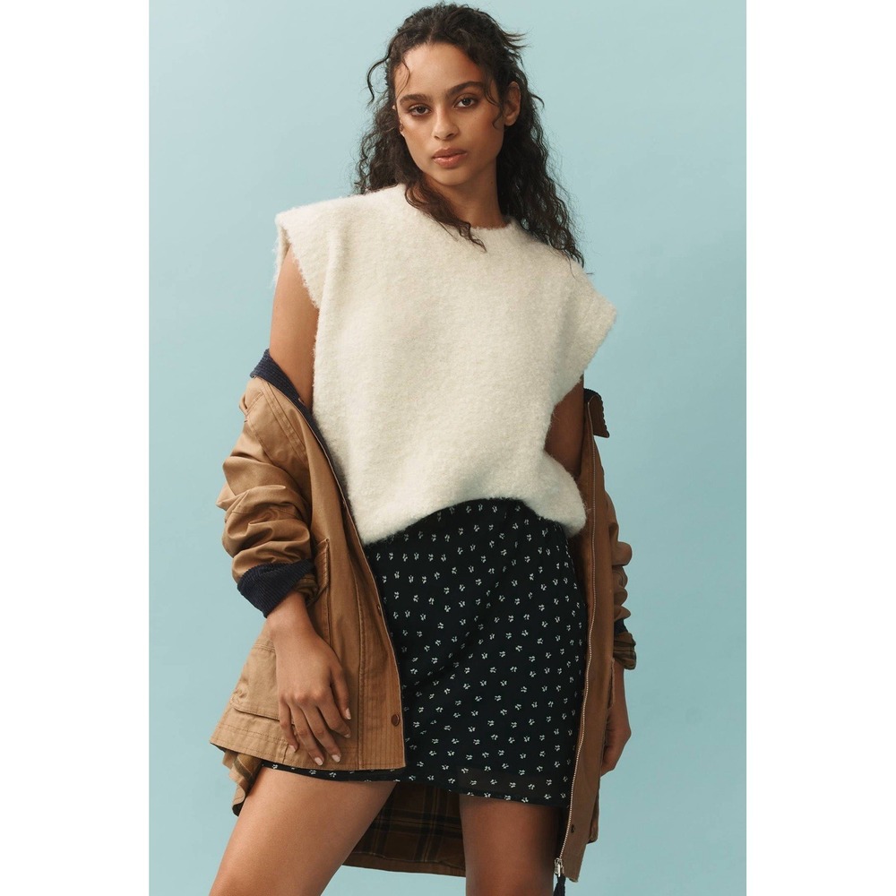Anthropologie Oversized Fuzzy‎ Crew-Neck Bouclé Sweater Vest Sz S Off White
